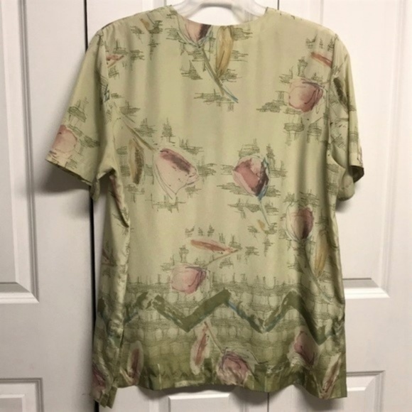 Jacques Vert Green Pink Floral Print V Neck Short Sleeve Top Size 14 - Picture 2 of 5